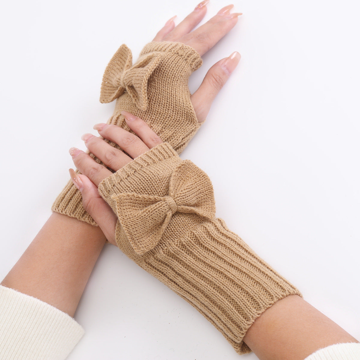 Cute Bow Short Wrist Warm Knit Women's Winter Fingerless Gloves The Comfort Theory