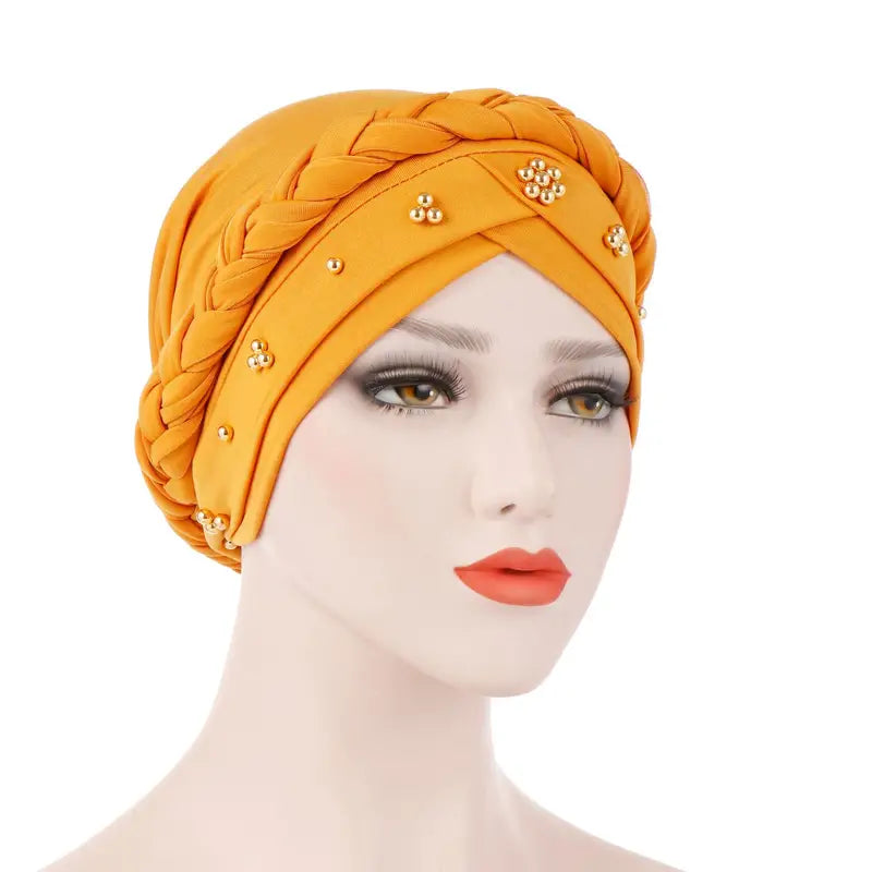 YELLOW Turban cap in soft ,strecheable fabric decorated with golden beads The Comfort Theory